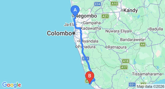 Driving route map: Colombo Airport (CMB) to Tropical Beach House, Hikkaduwa (144 km, approx 2 h 8 min private transfer)