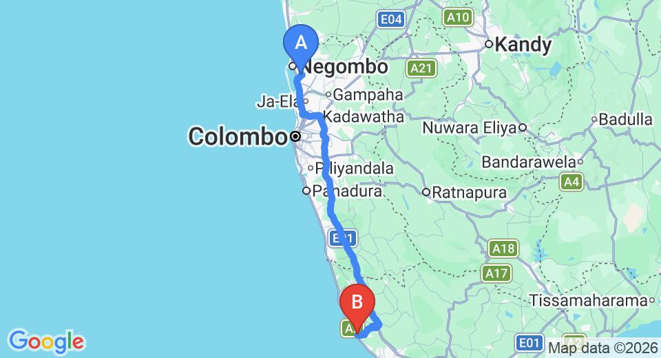 Driving route map: Colombo Airport (CMB) to Gilbys Bungalow Sri Lanka, Hikkaduwa (142 km, approx 2 h 5 min private transfer)