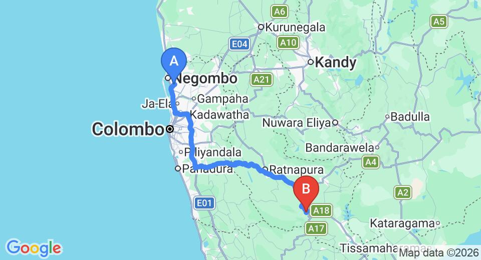 Driving route map: Colombo Airport (CMB) to Sanctuary Resort, Rakwana (165 km, approx 3 h 51 min private transfer)