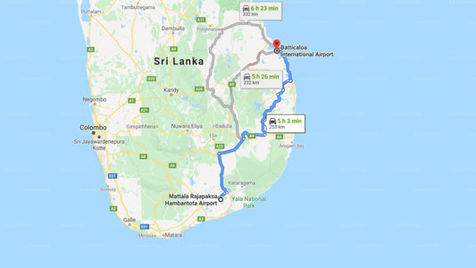Mattala Airport (HRI) to Batticaloa Airport (BTC) City Private Transfer